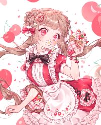Rule 34 | 1girl, 217sian, absurdres, apron, basket, blunt bangs, blush, brown hair, cherry, collared dress, covered mouth, crepe, dress, floating hair, flower, food, frilled apron, frilled dress, frills, fruit, hair flower, hair ornament, hand up, highres, holding, holding food, long hair, original, pink theme, print apron, puffy short sleeves, puffy sleeves, red dress, shadow, short sleeves, solo, strawberry, twintails, very long hair, white apron, white flower