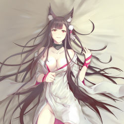 Rule 34 | 1girl, akagi (azur lane), akagi (deep crimson poppy) (azur lane), animal ears, azur lane, bed sheet, breasts, brown hair, choker, cleavage, collarbone, fox ears, from above, groin, large breasts, long hair, looking at viewer, lying, no panties, official alternate costume, on back, parted lips, red eyes, red ribbon, ribbon, smile, solo, very long hair, wolf ears, wrist ribbon