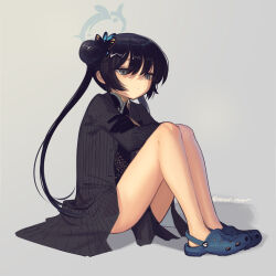 Rule 34 | 1girl, black dress, black gloves, black hair, blue archive, blush, boa (brianoa), braid, braided bun, breasts, butterfly hair ornament, china dress, chinese clothes, coat, crocs, double bun, dragon print, dress, gloves, grey coat, grey eyes, hair bun, hair ornament, half gloves, halo, highres, kisaki (blue archive), legs, long hair, long sleeves, pelvic curtain, pinstripe pattern, short dress, side slit, sitting, small breasts, solo, striped, striped coat, twintails, vertical-striped coat