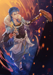 Rule 34 | 1boy, armor, belt, blue hair, capelet, casting spell, closed mouth, collarbone, cu chulainn (caster) (fate), cu chulainn (fate), cu chulainn (fate/stay night), earrings, fate/grand order, fate (series), fire, full body, fur-trimmed hood, fur trim, greaves, harem pants, highres, holding, holding weapon, hood, hood down, hooded capelet, jewelry, long hair, male focus, pants, red eyes, runes, signature, skin tight, smile, solo, spiked hair, staff, toeless legwear, type-moon, washuu, water, weapon, wooden staff