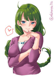 Rule 34 | 1girl, ahoge, alternate costume, blue eyes, blush, braid, breasts, casual, ebifurya, finger to mouth, green hair, heart, highres, kantai collection, lips, long hair, looking at viewer, medium breasts, mole, mole under mouth, purple shirt, shirt, single braid, smile, solo, spoken heart, upper body, very long hair, white background, white shirt, yuugumo (kancolle)