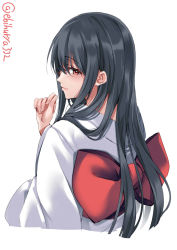 Rule 34 | 1girl, alternate costume, black hair, blush, ebifurya, fusou (kancolle), hair between eyes, highres, japanese clothes, kantai collection, kimono, lips, long hair, looking at viewer, looking back, obi, one-hour drawing challenge, para, red eyes, sash, simple background, solo, twitter username, upper body, white background, white kimono, wide sleeves