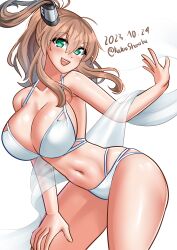 Rule 34 | 1girl, absurdres, bikini, breasts, brown hair, cleavage, cowboy shot, dated, green eyes, hair between eyes, high side ponytail, highres, kantai collection, katou shinobu, large breasts, looking at viewer, one-hour drawing challenge, ponytail, saratoga (kancolle), shawl, side ponytail, sidelocks, smokestack hair ornament, solo, swimsuit, twitter username, white bikini, white shawl