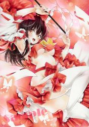 Rule 34 | 1girl, arim0k0, armpits, ascot, black hair, bow, breasts, bug, butterfly, detached sleeves, gohei, groin, hair bow, hakurei reimu, high heels, highres, holding, insect, large breasts, long hair, looking at viewer, open mouth, red background, red bow, red eyes, red footwear, red shirt, red skirt, red theme, ribbon-trimmed sleeves, ribbon trim, sample watermark, shirt, sidelocks, skirt, solo, thighhighs, touhou, traditional media, underboob, watermark, white thighhighs, wide sleeves, yellow ascot
