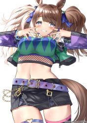 Rule 34 | 1girl, absurdres, animal ears, argyle, argyle clothes, argyle shirt, belt, black skirt, black thighhighs, blue eyes, blue flower, blue rose, blush, bow, breasts, brown hair, chain, character request, clothing aside, commentary request, cowboy shot, crop top, cropped jacket, cropped shirt, double v, ear bow, ear ornament, fishnets, flower, from below, gold chain, green thighhighs, grin, hair ribbon, hands up, highres, horse ears, horse girl, horse tail, jacket, large breasts, long hair, long sleeves, looking at viewer, midriff, miniskirt, multicolored nails, nail polish, navel, open clothes, open jacket, purple belt, purple jacket, ribbon, rose, shirt, sidelocks, simple background, single thighhigh, skindentation, skirt, smile, solo, standing, tail, taut clothes, taut shirt, teeth, thigh strap, thighhighs, tosen jordan (umamusume), twintails, twitter username, umamusume, v, white background, wristband, yamano rokamizu, zettai ryouiki