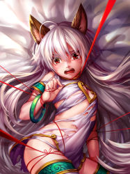 Rule 34 | 1girl, animal ears, fox ears, long hair, lova4513, lying, on back, open mouth, original, petite, red eyes, solo, string, string of fate, tears, thighhighs, torn clothes, white hair