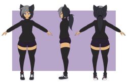 Rule 34 | 1boy, androgynous, animal ears, ass, black hair, blue eyes, bulge, cat boy, cat ears, cat tail, character sheet, full body, low ponytail, mikey (mikeyuk), multicolored hair, multiple views, naughty face, original, ponytail, short shorts, shorts, solo, tail, thighhighs, trap, two-tone hair, wide hips