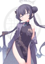 Rule 34 | 1girl, absurdres, black dress, black gloves, blue archive, breasts, butterfly hair ornament, china dress, chinese clothes, closed mouth, covered navel, double bun, dragon print, dress, gloves, grey eyes, gun, hair bun, hair ornament, halo, highres, holding, holding gun, holding weapon, jacket, kisaki (blue archive), klaius, long hair, looking at viewer, print dress, purple jacket, sleeveless, sleeveless dress, small breasts, solo, striped clothes, striped jacket, thighs, vertical-striped clothes, vertical-striped jacket, weapon, white background