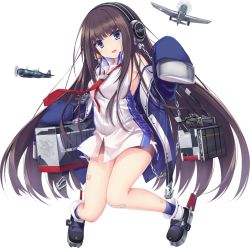 Rule 34 | 1girl, :d, aircraft, airplane, anchor, armpits, azur lane, bandaid, bandaid on knee, bandaid on leg, bare shoulders, bike shorts, black footwear, black hair, blue coat, blue eyes, blue legwear, breasts, chain, clothes writing, coat, dress, eyebrows, f4u corsair, f6f hellcat, facing away, full body, haluka (aixioo), headphones, knees together feet apart, long hair, long island (azur lane), long sleeves, looking at viewer, machinery, mary janes, medium breasts, necktie, no bra, off shoulder, official art, open mouth, purple pupils, red necktie, remodel (azur lane), shoes, short dress, sideboob, sleeveless, sleeveless dress, sleeves past wrists, smile, solo, transparent background