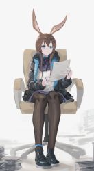 Rule 34 | 1girl, absurdres, amiya (arknights), animal ears, arknights, ascot, bad id, bad pixiv id, black footwear, black jacket, black pantyhose, blue eyes, blue skirt, breasts, brown hair, chair, choker, closed mouth, commentary, expressionless, full body, fuyukono, hair between eyes, highres, hood, hood down, hooded jacket, infection monitor (arknights), jacket, jewelry, long hair, long sleeves, miniskirt, multiple rings, neck ring, pantyhose, paper, plaid, plaid skirt, pleated skirt, rabbit ears, reading, ring, shoes, sidelocks, sitting, skirt, small breasts, solo, sweater, thumb ring, very long hair, w, white background, white sweater