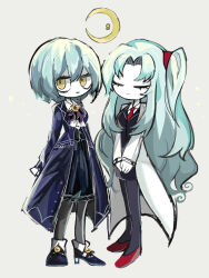 Rule 34 | 2girls, angela (project moon), ascot, black pantyhose, black vest, blue coat, blue footwear, blue hair, blue skirt, breasts, closed eyes, closed mouth, coat, collared shirt, colored skin, commentary request, dual persona, frilled sleeves, frills, grey background, hair between eyes, hatosabure, highres, lab coat, library of ruina, lobotomy corporation, logo, long hair, long sleeves, multiple girls, necktie, no nose, open clothes, open coat, pantyhose, parted bangs, parted lips, project moon, purple ascot, red footwear, red necktie, shirt, shoes, short hair, side ponytail, simple background, sketch, skirt, small breasts, smile, vest, white shirt, white skin, yellow eyes
