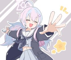 Rule 34 | 1girl, ahoge, backpack, bag, black jacket, black neckerchief, blue archive, blue hair, blush, closed eyes, commentary request, grey skirt, hair ornament, halo, jacket, long hair, long sleeves, low twintails, multicolored hair, navel, neckerchief, open clothes, open jacket, open mouth, outstretched arms, pink hair, pleated skirt, reisa (blue archive), ringo niki3316, sailor collar, school uniform, serafuku, simple background, skirt, solo, star (symbol), star hair ornament, twintails, white sailor collar