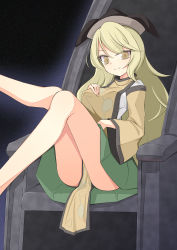 Rule 34 | 1girl, bare legs, barefoot, black background, black hat, blonde hair, blouse, blue background, breasts, brown cape, brown eyes, cape, closed mouth, commentary request, constellation, constellation print, detached sleeves, eyes visible through hair, gradient background, green skirt, grey hat, grey shirt, hair between eyes, hand on own chest, hand up, hat, legs up, long hair, long sleeves, looking at viewer, matara okina, medium breasts, shirt, sitting, skirt, smile, solo, tabard, throne, touhou, user cwdv2523, wide sleeves
