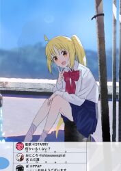 Rule 34 | ahoge, akiha (attract), blonde hair, blue skirt, blush, bocchi the rock!, bow, bowtie, collared shirt, commentary, gotoh hitori, highres, ijichi nijika, long hair, looking at viewer, open mouth, red bow, school uniform, shirt, side ponytail, sitting, sitting on object, skirt, smile, socks, sweat, sweatdrop, translation request, v, white shirt