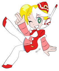 Rule 34 | 1girl, ;), alternate color, android, blonde hair, call (mighty no. 9), call e, garrison cap, green eyes, grin, hat, headset, mighty no. 9, multicolored hair, necktie, no feet, one eye closed, pantyhose, shoutaro saito, side ponytail, smile, solo, two-tone hair, uniform, white hair, white pantyhose, wink