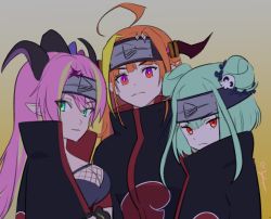 Rule 34 | 3girls, ahoge, akatsuki uniform, blonde hair, breasts, commentary, cosplay, crossover, double bun, english commentary, eyes visible through hair, forehead protector, frown, gradient background, green eyes, green hair, grey background, hair between eyes, hair bun, highres, hololive, hololive fantasy, horns, kiryu coco, large breasts, long hair, looking at viewer, maho malice, mano aloe, multicolored hair, multiple girls, naruto (series), orange hair, pink hair, pointy ears, red eyes, short hair, signature, simple background, streaked hair, trait connection, two-tone hair, uruha rushia, virtual youtuber, yellow background