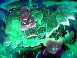 blush_stickers chimera claws elfilin fangs fecto_forgo fecto_forgo_(monster) glowing glowing_eyes green_theme highres kirby_(series) kirby_and_the_forgotten_land monster multiple_heads nintendo no_humans notched_ear rky_kbmr27 slime_(creature) sweat