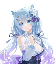 Rule 34 | 1girl, animal ear fluff, animal ears, black dress, blue bow, blue eyes, blue hair, bow, bowtie, breasts, cleavage, commentary, detached collar, detached sleeves, dress, flower, gradient hair, hair between eyes, hair bow, hair flower, hair ornament, indie virtual youtuber, kanzashi, long hair, medium breasts, mole, mole on breast, multicolored hair, off-shoulder dress, off shoulder, puffy sleeves, purple hair, shirogane momo, simple background, solo, star (symbol), star hair ornament, striped bow, striped bowtie, striped clothes, symbol-only commentary, tokopent, twintails, upper body, very long hair, virtual youtuber, wavy hair, white background, white bow, white bowtie, white sleeves