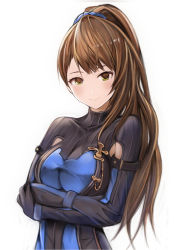 Rule 34 | 1girl, armband, armpit cutout, beatrix (granblue fantasy), black gloves, blush, bodysuit, breasts, brown hair, closed mouth, clothing cutout, cross, crossed arms, from side, gloves, granblue fantasy, green eyes, hair over shoulder, hair ribbon, hair tie, jewelry, long hair, long sleeves, looking at viewer, medium breasts, nannacy7, ponytail, ribbon, scrunchie, smile, solo, turtleneck, upper body, white background