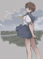Rule 34 | 1girl, absurdres, arms behind back, blue skirt, blue sky, breasts, brown eyes, brown hair, camera, cloud, cloudy sky, commentary request, day, headband, highres, holding, holding camera, kasugano sakura, looking at viewer, outdoors, parted lips, pleated skirt, puffy short sleeves, puffy sleeves, sailor collar, school uniform, serafuku, short hair, short sleeves, simple background, skirt, sky, small breasts, smile, solo, street fighter, street fighter zero (series), teeth, tyanoki