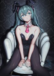 Rule 34 | 1girl, animal ears, aqua eyes, aqua hair, aqua nails, armchair, black pantyhose, blush, breasts, breasts squeezed together, chair, collarbone, crossed bangs, detached collar, fake animal ears, fingernails, hatsune miku, head tilt, highres, leotard, long hair, looking at viewer, nail polish, necktie, pantyhose, pink necktie, playboy bunny, rabbit ears, shadow, sitting, small breasts, solo, strapless, strapless leotard, twintails, v arms, vertigris, very long hair, vocaloid