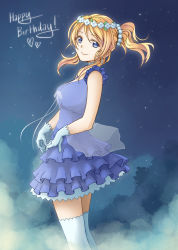 Rule 34 | 10s, 1girl, ayase eli, blonde hair, blue dress, blue eyes, breasts, choker, dress, earrings, flower, flower wreath, frilled dress, frills, gem, gloves, happy birthday, heart, highres, idol, jewelry, large breasts, long hair, love live!, love live! school idol project, night, night sky, nightgown, pas (paxiti), pearl (gemstone), ponytail, scrunchie, see-through, sidelocks, sky, smile, solo, star (sky), starry sky, thighhighs, white gloves, white thighhighs, yume no tobira, zettai ryouiki