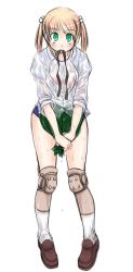 Rule 34 | 10s, 1girl, amputee, green eyes, hair bobbles, hair ornament, ibarazaki emi, katawa shoujo, kekekeke, loafers, mouth hold, non-web source, prosthesis, school uniform, serafuku, shoes, sleeves rolled up, twintails, wet, wet clothes, wringing clothes