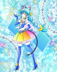 Rule 34 | 1girl, animal ears, black choker, blue footwear, blue gloves, blue hair, boots, braid, cat ears, cat tail, choker, cure cosmo, fur-trimmed gloves, fur trim, gloves, highres, magical girl, multicolored clothes, multicolored skirt, official art, one eye closed, precure, precure connection puzzlun, rainbow skirt, skirt, smile, solo, star twinkle precure, tail, tail ornament, tail ring, thigh boots, third-party source, twin braids, yellow eyes, yuni (precure)