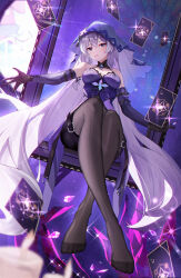 Rule 34 | 1girl, absurdres, bare shoulders, black gloves, black swan (honkai: star rail), brown pantyhose, card, detached sleeves, dress, feet, gloves, grey eyes, halter dress, halterneck, highres, honkai: star rail, honkai (series), legs, long hair, long sleeves, looking at viewer, no shoes, open mouth, outstretched arms, pantyhose, purple dress, sitting, sleeveless, sleeveless dress, smile, solo, tarot, tarot (card), toes, usagi (786113654), veil, very long hair, white hair