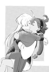 Rule 34 | 2girls, arms around neck, asticassia school uniform, blush, closed mouth, commentary, commission, english commentary, greyscale, gundam, gundam suisei no majo, hairband, hand on another&#039;s back, kiss, long hair, long sleeves, miorine rembran, monochrome, multiple girls, pantyhose, ponytail, school uniform, second-party source, shorts, sitting, sitting on lap, sitting on person, smile, suletta mercury, thick eyebrows, tonton (mathcaca24), yuri