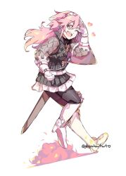 Rule 34 | 1girl, ;d, arm shield, boots, fire emblem, fire emblem fates, full body, gambeson, gloves, graysheartart, hair between eyes, hairband, heart, high heel boots, high heels, highres, long hair, looking at viewer, nintendo, one eye closed, open mouth, pink hair, salute, sheath, sheathed, shield, smile, soleil (fire emblem), solo, sword, teeth, twitter username, upper teeth only, weapon, white background, white footwear, white gloves, white hairband, yellow eyes