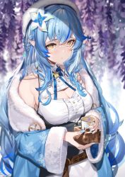 Rule 34 | 1girl, beret, blue bow, blue bowtie, blue coat, blue hair, blue nails, bow, bowtie, braid, breasts, cleavage, cleavage cutout, clothing cutout, coat, commentary, corset, cup, dress, elf, fingernails, flower, fur-trimmed coat, fur trim, hair flower, hair ornament, hat, highres, holding, holding cup, hololive, large breasts, long fingernails, long hair, long sleeves, looking at viewer, lumium, nail art, nail polish, pointy ears, print coat, sidelocks, snowflake hair ornament, snowflake print, solo, underbust, very long hair, virtual youtuber, white dress, white hat, wide sleeves, yellow eyes, yukihana lamy