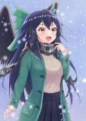 Rule 34 | 1girl, :d, absurdres, bird wings, black hair, black skirt, black wings, blush, bow, breasts, coat, commentary request, duffel coat, green bow, green coat, grey sweater, hair bow, highres, large breasts, long hair, o1118, open clothes, open coat, open mouth, outdoors, plaid, plaid scarf, pleated skirt, red eyes, reiuji utsuho, ribbed sweater, scarf, skirt, smile, snow, snowing, solo, sweater, touhou, wings, winter clothes, winter coat
