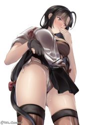 Rule 34 | 1girl, bandeau, black hair, black skirt, blush, breasts, brown eyes, closed mouth, clothes lift, from below, hair between eyes, japanese clothes, juurouta, kantai collection, large breasts, lifted by self, long hair, looking at viewer, no bra, panties, ponytail, shouhou (kancolle), simple background, skirt, solo, thighhighs, twitter username, underwear, white background, white panties