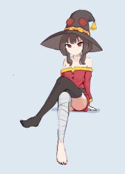 Rule 34 | 1girl, arm support, asymmetrical legwear, bandaged leg, bandages, bare shoulders, barefoot, belt, black hat, black thighhighs, blue background, breasts, brown belt, brown hair, closed mouth, collarbone, crossed legs, dress, feet, full body, hat, highres, invisible chair, kono subarashii sekai ni shukufuku wo!, long sleeves, looking at viewer, manysuchfrogs, megumin, nail polish, no shoes, off-shoulder dress, off shoulder, red dress, red eyes, red nails, shadow, short dress, short hair, short hair with long locks, simple background, single thighhigh, sitting, small breasts, smile, solo, thighhighs, toes, v-shaped eyebrows, witch hat
