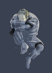 Rule 34 | 1boy, absurdres, blonde hair, colored tips, dorohedoro, facial mark, grey background, grey theme, highres, hugging own legs, jumpsuit, knee up, looking to the side, male focus, multicolored hair, nishida (pixiv 50671594), no eyebrows, risu (dorohedoro), solo, spread legs