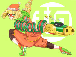 Rule 34 | 1girl, @ @, ankle socks, arm behind back, arms (game), artist name, beanie, black pantyhose, blonde hair, blunt bangs, blunt ends, chinese clothes, dated, domino mask, dragon (arms), emblem, eyes visible through hair, green background, green footwear, hat, highres, kumo ni notte, leggings under shorts, looking away, looking to the side, looking up, mandarin collar, mask, min min (arms), multicolored clothes, multicolored hat, orange hat, orange shirt, pantyhose, print headwear, shirt, shoes, short hair, shorts, signature, simple background, sneakers, socks, solo