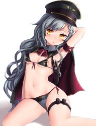 Rule 34 | 1girl, absurdres, arm behind head, armband, bikini, blush, braid, breasts, capelet, commentary request, detached collar, grey hair, gun, handgun, highres, holster, long hair, looking to the side, micro bikini, navel, neit ni sei, open mouth, original, pistol, shadow, shoulder holster, side-tie bikini bottom, sitting, small breasts, solo, stomach, sweatdrop, swimsuit, thigh strap, virtual youtuber, wariza, weapon, white background, yellow eyes