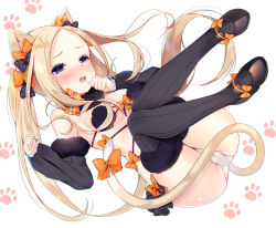 Rule 34 | 1girl, abigail williams (fate), animal ears, ass, blonde hair, blue eyes, blush, bow, breasts, cameltoe, cat day, cat ears, cat tail, commentary request, cosplay, detached sleeves, fang, fate/grand order, fate (series), fur-trimmed legwear, fur collar, fur trim, highres, kemonomimi mode, ko yu, long hair, looking at viewer, mash kyrielight, mash kyrielight (dangerous beast), mash kyrielight (dangerous beast) (cosplay), official alternate costume, open mouth, orange bow, panties, paw print, polka dot, polka dot bow, puffy detached sleeves, puffy sleeves, purple thighhighs, revealing clothes, shoes, small breasts, solo, sweatdrop, tail, thighhighs, underwear, very long hair, white panties