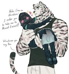 Rule 34 | 1boy, 1other, animal ears, arknights, bara, black coat, black footwear, black shirt, blue eyes, blush, carrying, carrying person, character name, claws, coat, commentary, cross scar, doctor (arknights), english commentary, facial scar, furry, furry male, heart, highres, hood, hood up, hooded coat, mountain (arknights), multiple scars, muscular, muscular male, scar, scar on arm, scar on cheek, scar on face, scar on hand, shawl, shirt, sleeveless, sleeveless shirt, soladite1, sparkle, sweatdrop, tail, talking, tiger boy, tiger ears, tiger stripes, tiger tail, white background, white shawl