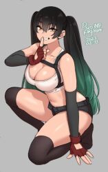 Rule 34 | 1girl, agawa ryou, artist name, bare shoulders, black hair, black shorts, breasts, brown thighhighs, chest harness, cleavage, clenched teeth, collarbone, commentary, cosplay, crop top, dated, elbow gloves, english commentary, final fantasy, final fantasy vii, finger to mouth, fingerless gloves, flipped hair, full body, gloves, gradient hair, green hair, grey background, hair between eyes, hand up, harness, index finger raised, kneeling, large breasts, long hair, looking at viewer, multicolored hair, navel, numbered, open mouth, original, red gloves, short shorts, shorts, sidelocks, simple background, solo, straight hair, tank top, teeth, thick thighs, thighhighs, thighs, tifa lockhart, tifa lockhart (cosplay), twintails, two-tone hair, unbuttoned, very long hair, white tank top, yellow eyes