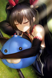 Rule 34 | 1girl, bare shoulders, black dress, black hair, day, dogoo, hugging doll, dress, elbow gloves, four goddesses online: cyber dimension neptune, gloves, hair ribbon, highres, long hair, lying, neptune (series), noire (neptunia), obaoba (monkeyix), hugging object, on grass, on side, outdoors, ribbon, sleeping, solo, stuffed toy, tree, twintails, upper body