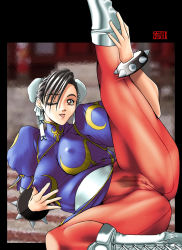 Rule 34 | 1girl, anus, boots, cameltoe, capcom, china dress, chinese clothes, chun-li, covered erect nipples, crotch seam, dress, female pubic hair, one eye closed, pantyhose, pubic hair, pussy, qkat (arikawa-dou), solo, spread legs, street fighter, thick thighs, thighs, uncensored, wink