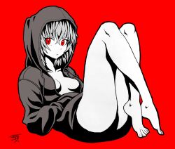 Rule 34 | 1girl, agongaaka, barefoot, blue hair, breasts, cleavage, collarbone, feet, flat color, full body, hands in pockets, highres, hood, hoodie, knees up, medium breasts, messy hair, multiple monochrome, naked hoodie, original, red background, red eyes, signature, simple background, solo, thighs, toenails, toes