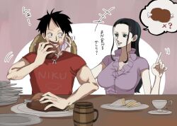 Rule 34 | 1boy, 1girl, black hair, blue eyes, breasts, eating, food, hat, large breasts, long hair, meat, monkey d. luffy, nico robin, nsgw, one piece, plate, shirt, short hair, smile, straw hat, translation request