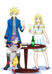 Rule 34 | 1boy, 2girls, alcohol, alternate costume, bare shoulders, bella (dq5), black footwear, blonde hair, blue coat, blue eyes, boots, capelet, champagne, champagne bottle, champagne flute, coat, collarbone, commentary request, cup, dragon quest, dragon quest v, dress, drinking glass, earrings, eating, food, grey capelet, grey shirt, hair between eyes, hero&#039;s daughter (dq5), hero&#039;s son (dq5), holding, holding cup, holding food, hoop earrings, jewelry, leg up, long hair, looking at viewer, medium hair, multiple girls, off-shoulder dress, off shoulder, aged up, pants, piyori (miko0126), plate, pointy ears, purple footwear, purple hair, shirt, short dress, simple background, smile, spiked hair, table, translucent, white background, white dress, white pants, yellow pants