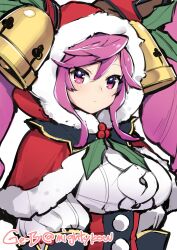 Rule 34 | 1girl, absurdres, capelet, cleo (dragalia lost), dragalia lost, fur trim, ge-b, hat, hat bell, highres, long hair, long sleeves, looking at viewer, official alternate costume, pink eyes, pink hair, red capelet, red hat, santa hat, sidelocks, solo, twintails, twitter username, upper body, white background