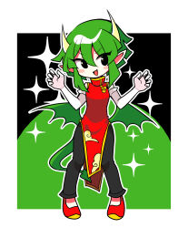 Rule 34 | 1girl, absurdres, black eyes, black pants, blush, china dress, chinese clothes, draco centauros, dragon girl, dragon horns, dragon tail, dragon wings, dress, elbow gloves, fang, full body, gloves, green hair, highres, horns, looking at viewer, offbeat, open mouth, pants, pointy ears, puyopuyo, red dress, red footwear, short hair, sleeveless, sleeveless dress, smile, solo, tail, white gloves, wings