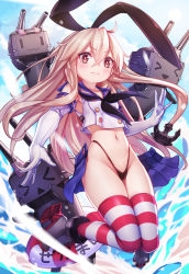 Rule 34 | 10s, 1girl, anchor, bad id, bad pixiv id, black panties, blonde hair, blush, elbow gloves, gloves, hair ornament, hairband, highleg, highleg panties, kantai collection, long hair, looking at viewer, navel, panties, pen (steelleets), personification, rensouhou-chan, sailor collar, shimakaze (kancolle), skirt, solo, striped clothes, striped thighhighs, thighhighs, underwear, white gloves