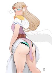 Rule 34 | ..., 1girl, aqua eyes, aqua panties, armor, ass, blonde hair, blush, cape, circlet, commentary, earrings, embarrassed, english commentary, forehead jewel, from behind, jewelry, jnsdh, legs, long hair, long pointy ears, looking back, nintendo, nose blush, panties, pointy ears, princess zelda, shoulder armor, skirt, solo, spoken ellipsis, sweatdrop, the legend of zelda, the legend of zelda: a link between worlds, thighs, triangle earrings, triforce, underwear, upskirt, wardrobe malfunction, white cape